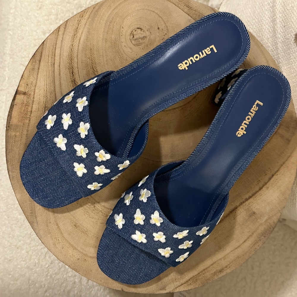 NEW | Larroudé Brigitte Flower-Embroidered Denim Mules - Picture 3 of 13